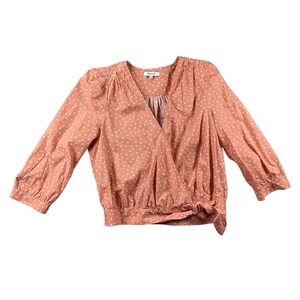 Madewell Wrap Top Womens M Orange White Stars 3/4 Sleeve Lightweight Peasant